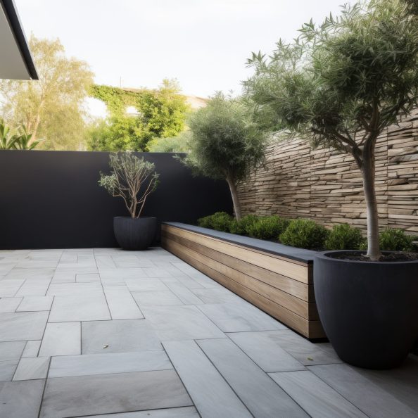 minimalist garden design with a striking wooden deck.