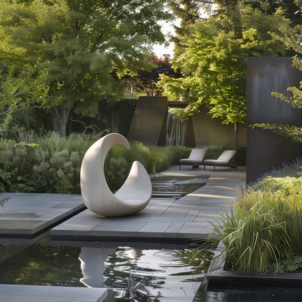 Serene garden with a modern sculpture, water feature, and lush greenery.
